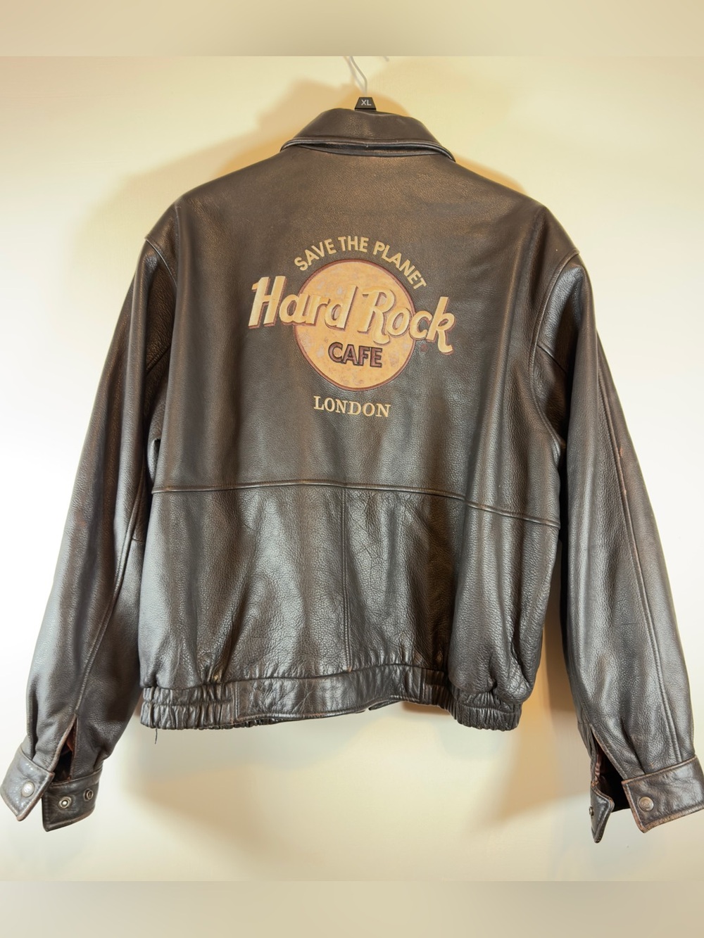 90s Hard Rock Cafe London Save The Planet Leather Bomber Jacket Mens XL